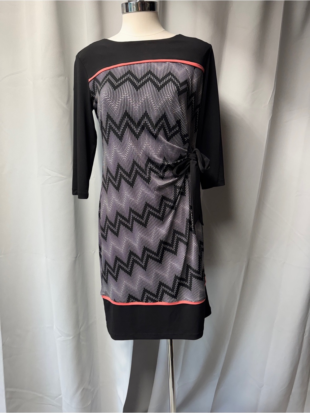 Black Chevron-Print Dress with Pink/orange Trim